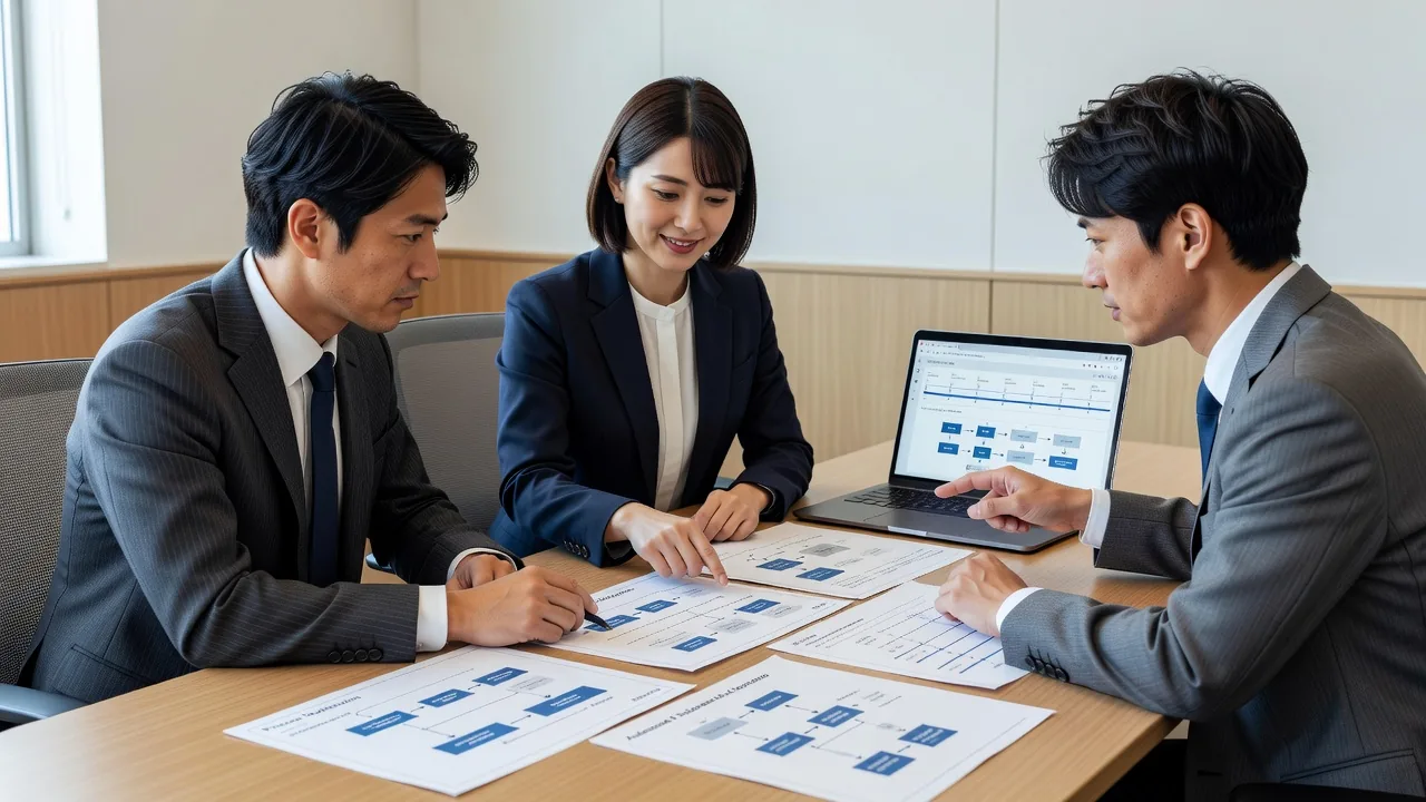 業務フローの図を確認する様子