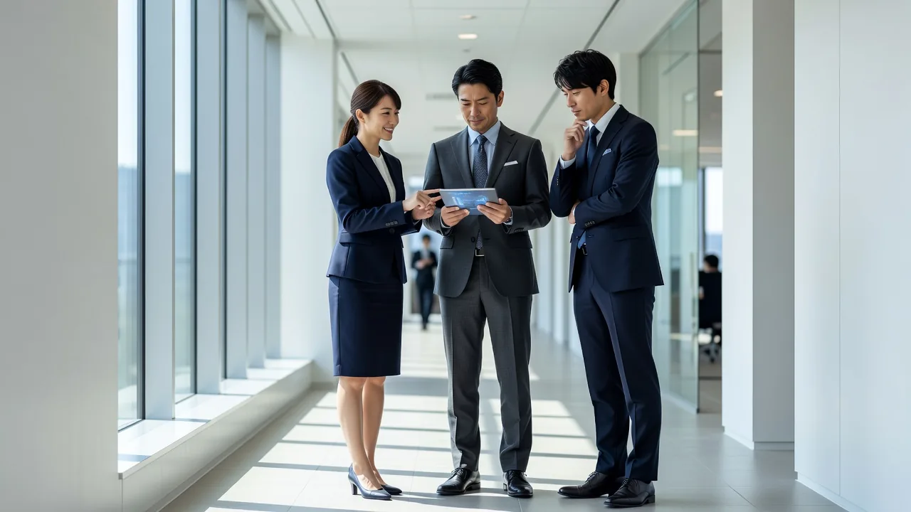 廊下で打ち合わせをするビジネスパーソン